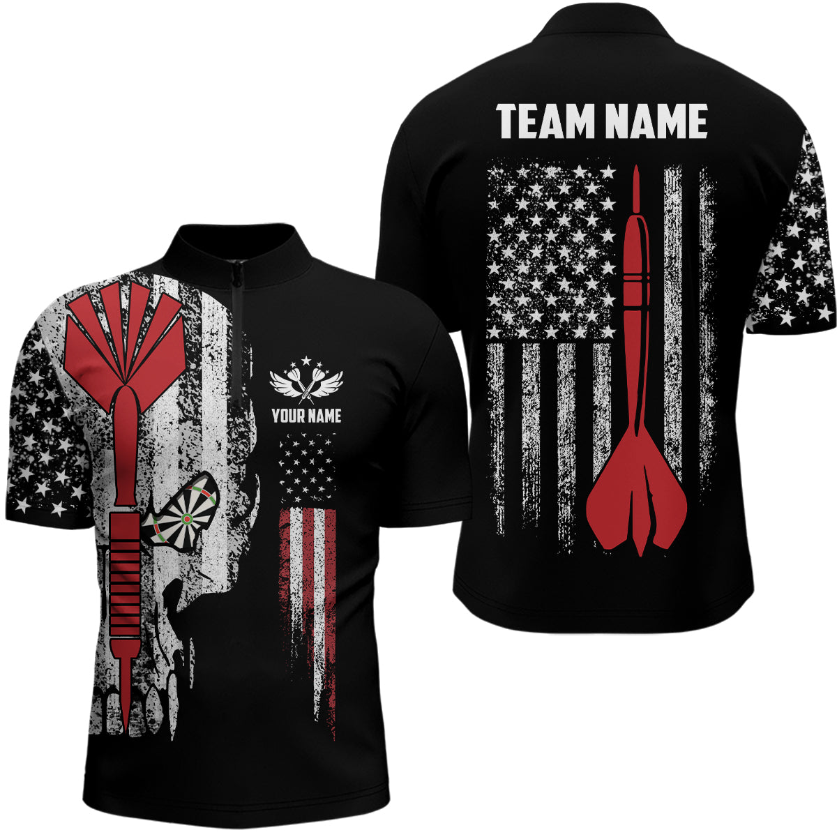 American Flag Skull Darts Quarter Zip Shirt Patriotic Darts Shirts For Men Dart Jersey LDT0308