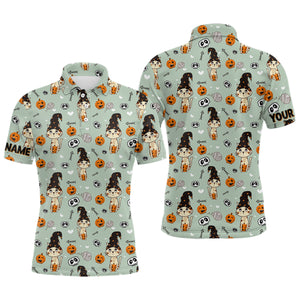 Cat Seamless Halloween Pattern Green Mens Golf Polo Shirts Cute Halloween Golf Gifts For Men LDT0377