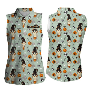 Cat Seamless Halloween Pattern Green Sleeveless Golf Polo Shirts Cute Halloween Golf Gifts For Women LDT0377