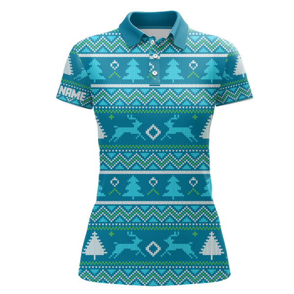 Blue Knitted Christmas Trees Golf Polo Shirts Personalized Winter Xmas Golf Outfits For Women LDT0922