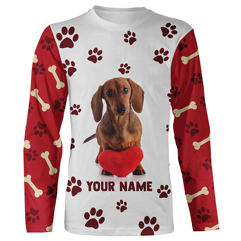 Cute Dachshund Dog With Fabric Heart Custom All Over Print Shirts For Dog Mom, Best Sausage Dog Shirts TDM0058