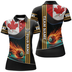 Personalized Canada Flag Flaming 8 Ball Pool Women Polo Shirts, Patriotic Billiard Attire Jerseys TDM1140