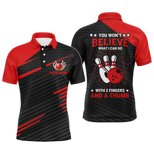 Funny Bowling Polo Shirt for Men, Red & Black Custom Bowling Jersey, 2 Fingers and A Thumb NBP145