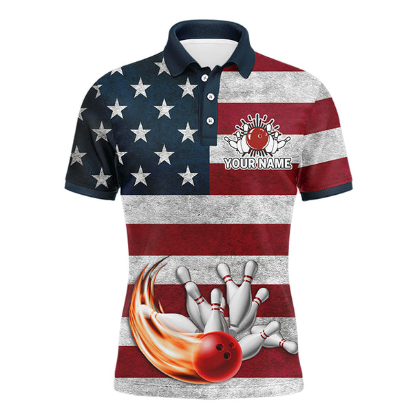 American Flag Bowling Shirt for Men, Custom Polo Team Bowling Jersey with Names, Patriots Shirt NBP147