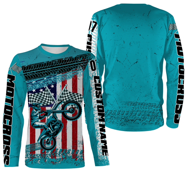 Motocross Racing American Flag Over Printed Hoodie, Long Sleeves, Custom MotoX Dirt Bike Shirt| NMS272