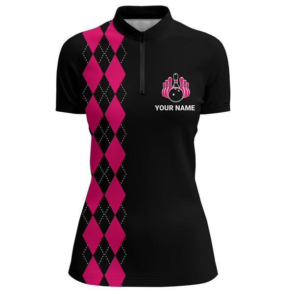 Custom Bowling Shirt for Women, Black&Pink Ladies Bowling Quarter-Zip Shirt, Bowling Girls Jersey NBZ163