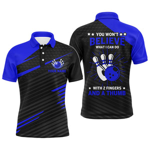 Funny Bowling Polo Shirt for Men, Blue & Black Custom Bowling Jersey, 2 Fingers and A Thumb NBP168