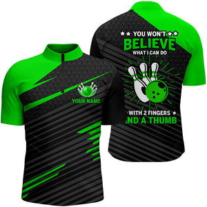 Funny Bowling Shirt for Men, Green & Black Custom Bowling Jersey Quarter-Zip, 2 Fingers and A Thumb NBZ169