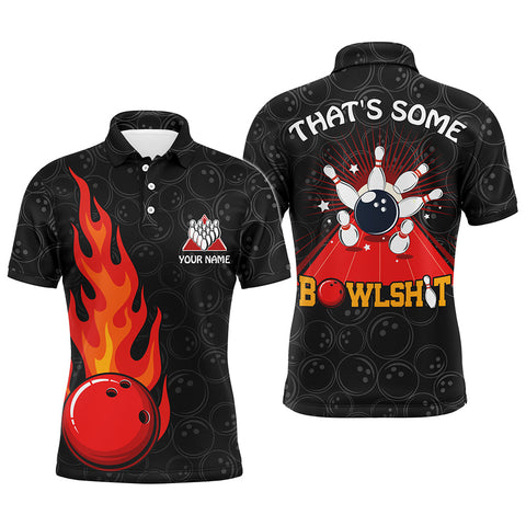 Funny Flame Bowling Polo Shirt for Men, Custom Name Black Bowling Jersey Cool Bowlers Shirt NBP130