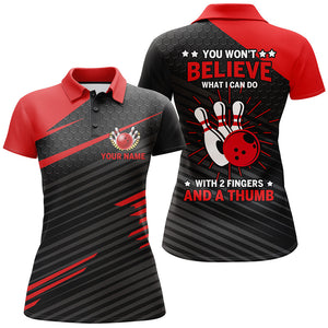 Funny Bowling Polo Shirt for Women Ladies Red & Black Custom Bowling Jersey, 2 Fingers and A Thumb NBP145