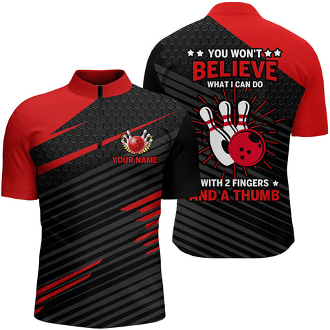 Funny Bowling Shirt for Men Red & Black Custom Bowling Jersey Quarter-Zip 2 Fingers And A Thumb NBZ145