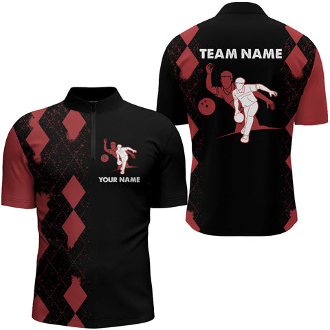 Men's Bowling Shirt Personalized Name Red&Black Quarter-Zip Bowler Team Shirt for Bowling Lovers NBZ22