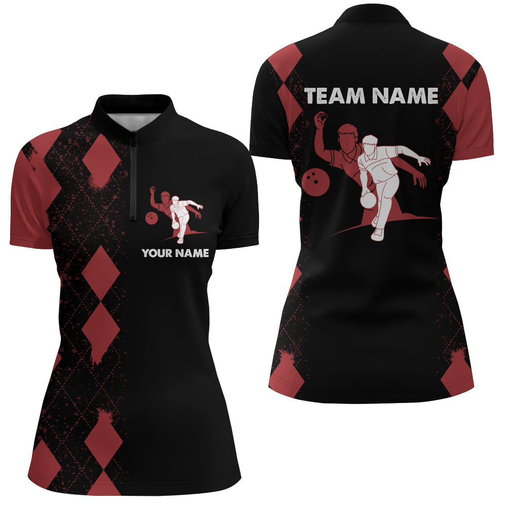 Women's Bowling Shirt Personalized Name Red&Black Quarter-Zip Bowler Team Shirt for Bowling Lovers NBZ22