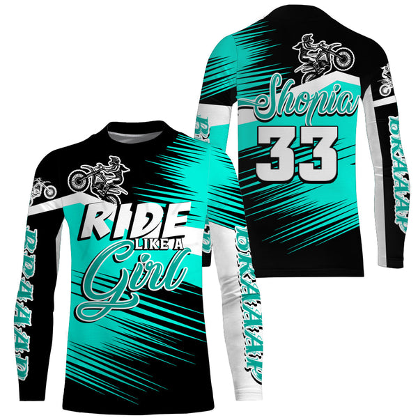 Ride Like A Girl Motocross Jersey Personalized UPF30+ Turquoise Dirt Bike Riding Shirt Women Girls NMS1448