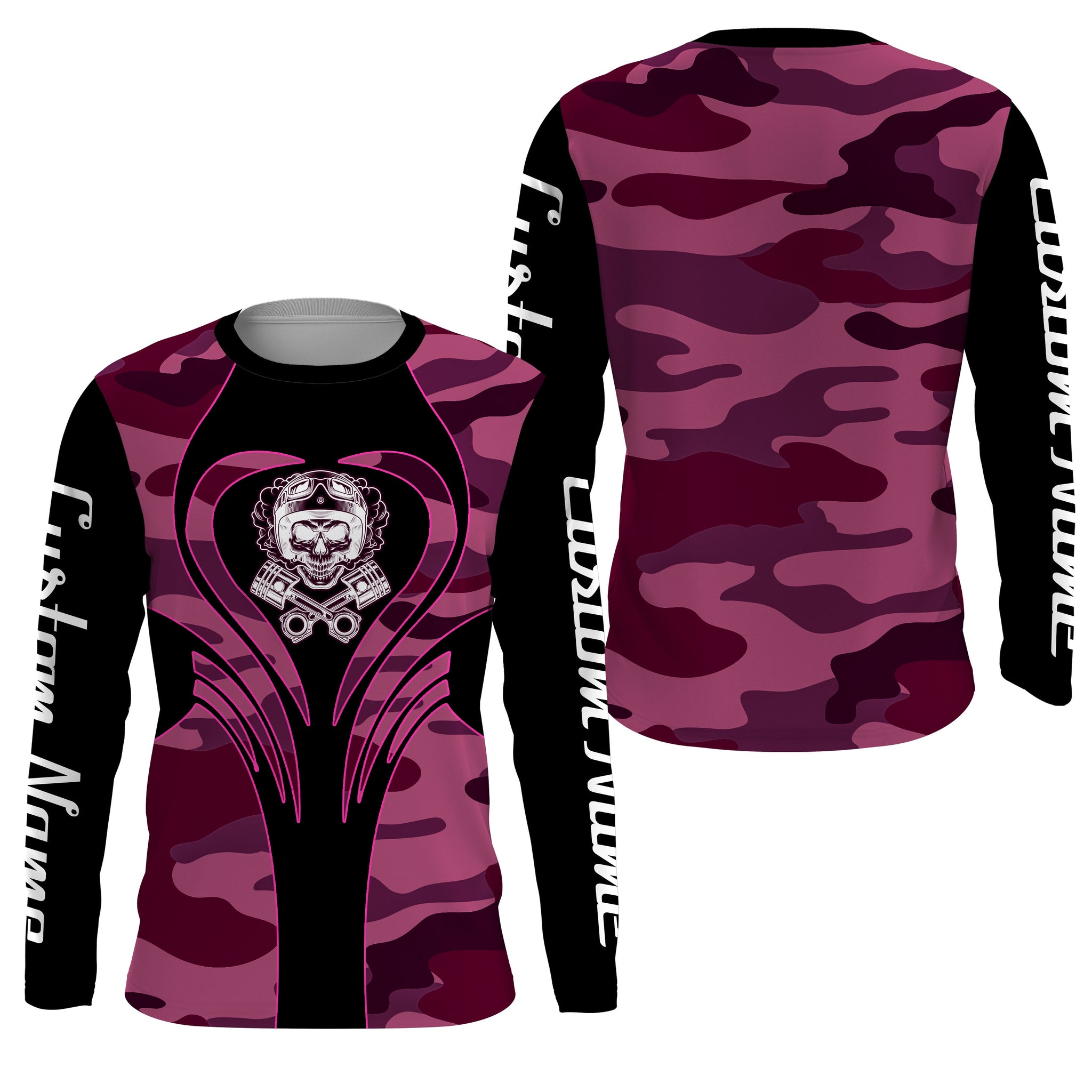 Pink Camo Personalized Riding Jersey UPF30+ Skull Biker Girl Custom Name & Number Female Motorcycle| NMS656