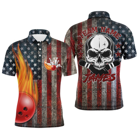 American Flag Bowling Shirt for Men, Custom Polo Bowling Jersey with Names, Skull Patriots Shirt NBP146