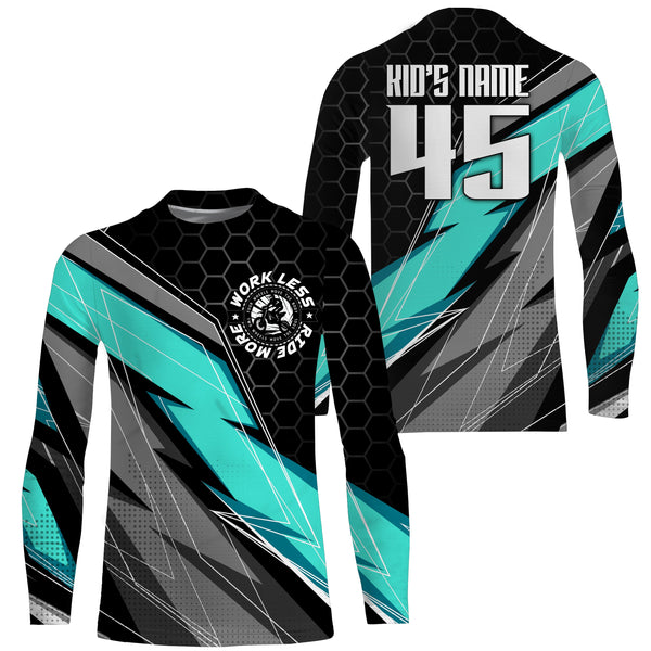 Turquoise Custom Motocross Jersey UPF30+ Work Less Ride More Dirt Bike Racing Shirt Kid Adult NMS1443