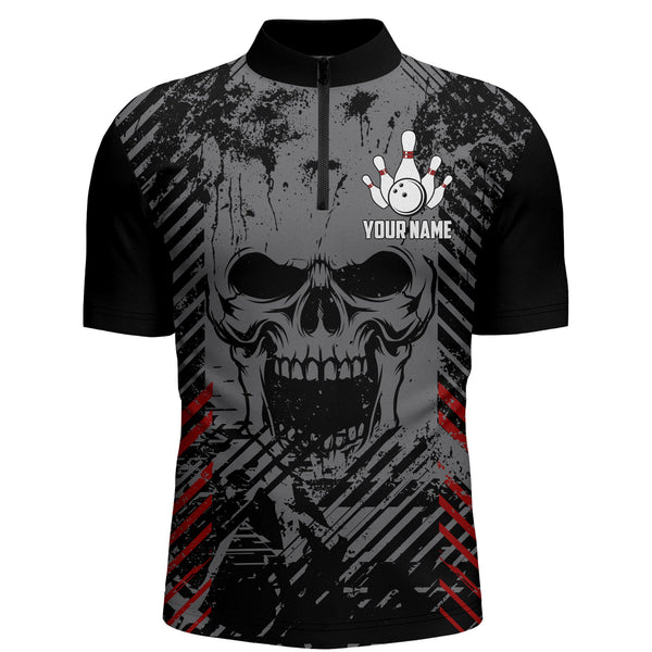 Personalized Skull Bowling Shirt for Men Custom Team's Name Bowling Jersey League Quarter-Zip Shirt NBZ126