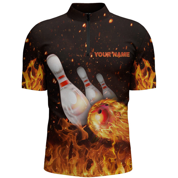 Custom Flames Bowling Shirt for Men, Quarter-Zip Strike Bowling Shirt for Team, Men's Bowling NBZ152