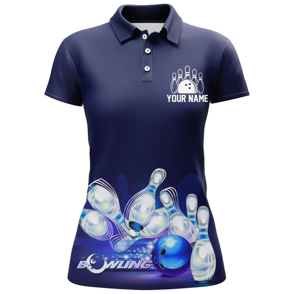 Custom Bowling Shirt for Women, Don't Worry Bowl Happy, Blue Bowling Polo Jersey Ladies Girl Bowler NBP165