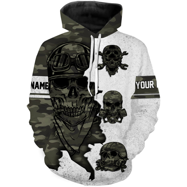 Skull Biker Personalized Long Sleeves Hoodie T-shirt, Camo Print Off-road Racing Motorcycle Shirt| NMS306