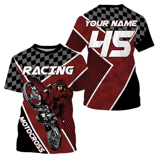 Motocross Racing Jersey Personalized  UPF30+, Motorcycle Red Dirt Bike Racing Off-Road Riders Racewear| NMS433