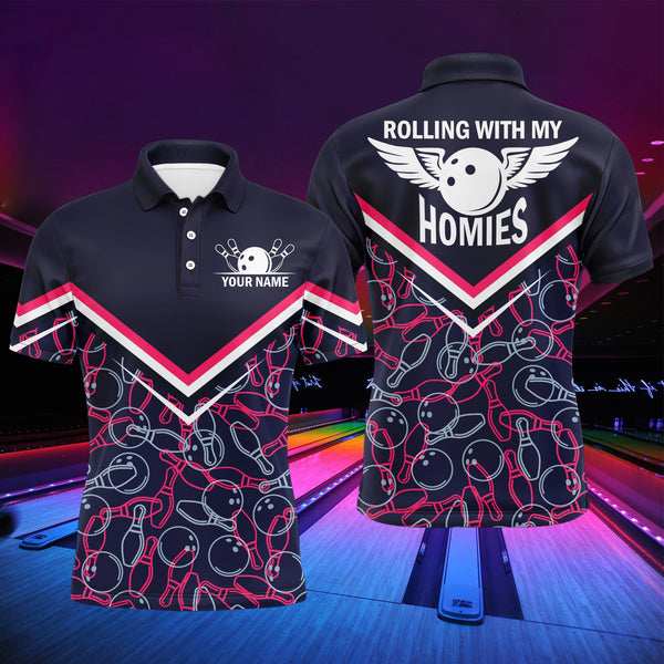 Rolling with My Homies Personalized Bowling Polo Shirt for Men, Bowling Pattern Jersey Short Sleeve NBP135