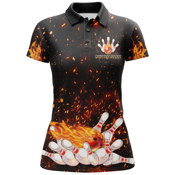 Flame Bowling Polo Shirt for Women, Personalized Black Bowling Jersey for Female Bowlers NBP139