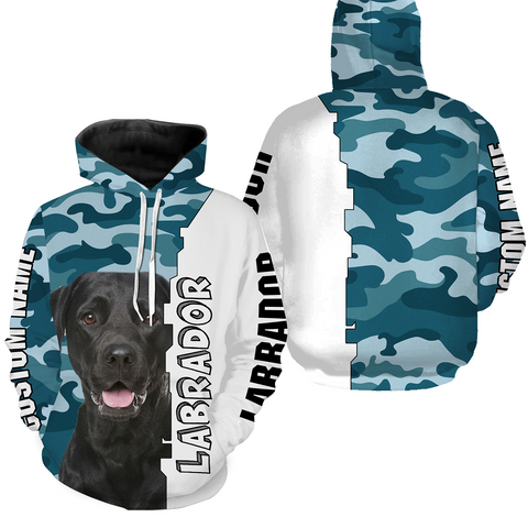 Black Labrador 3D Hoodie Shirt for Kid Adult| Custom Blue Camo Shirt Black Lab Owner Shirt| JTSD361