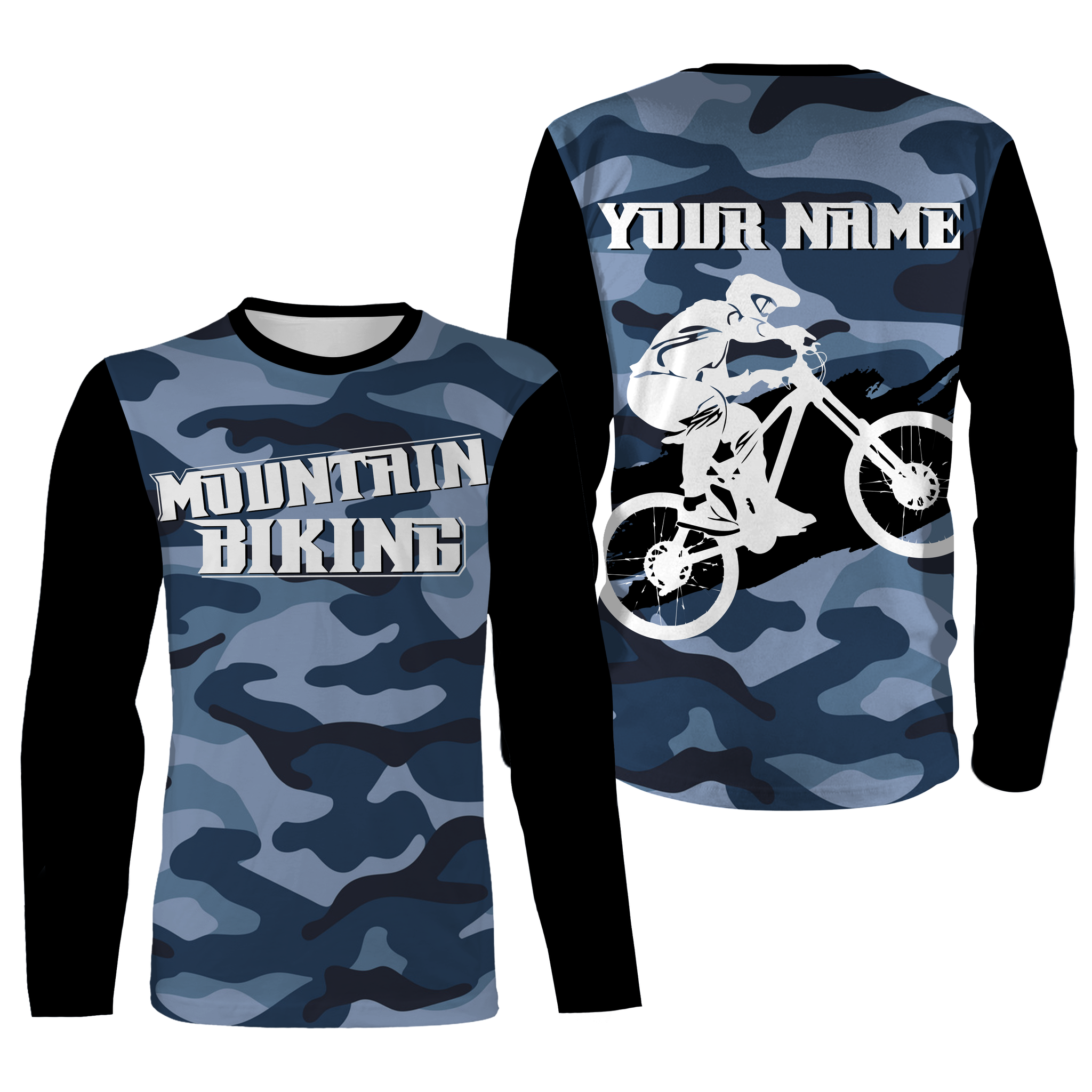 Unisex Mountain Biking Jersey - Custom Name Blue Camo MTB Jersey Cycling Shirt for Cyclist Bike Riders JTS415