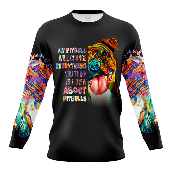 Watercolor Pitbull All Over Print Shirt| Love Pitbull Long Sleeve Hoodie for Dog Lover Pitbull Lover| JTSD303