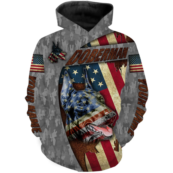 Doberman All Over Printed T-shirt Long Sleeve Hoodie| Custom Dog Lover Shirt American Flag Apparel| JTSD226