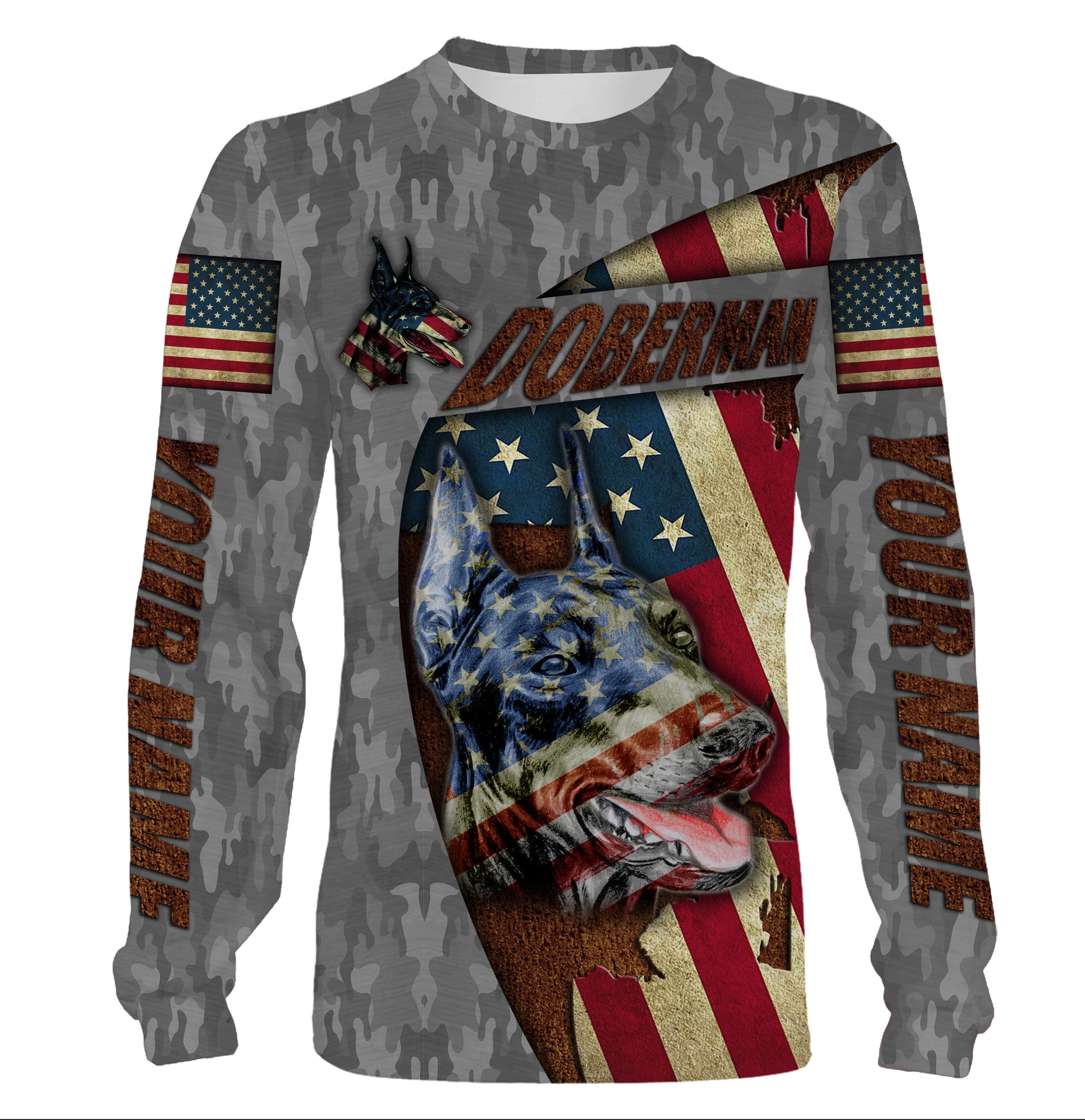 Doberman All Over Printed T-shirt Long Sleeve Hoodie| Custom Dog Lover Shirt American Flag Apparel| JTSD226