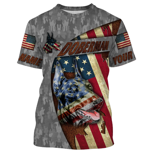 Doberman All Over Printed T-shirt Long Sleeve Hoodie| Custom Dog Lover Shirt American Flag Apparel| JTSD226