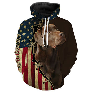 Labrador Retriever All Over Print T-shirt Long Sleeve Hoodie| Custom USA Flag Chocolate Labrador Shirt| JTSD286