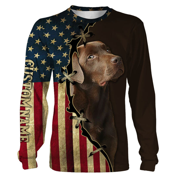 Labrador Retriever All Over Print T-shirt Long Sleeve Hoodie| Custom USA Flag Chocolate Labrador Shirt| JTSD286