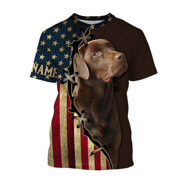 Labrador Retriever All Over Print T-shirt Long Sleeve Hoodie| Custom USA Flag Chocolate Labrador Shirt| JTSD286