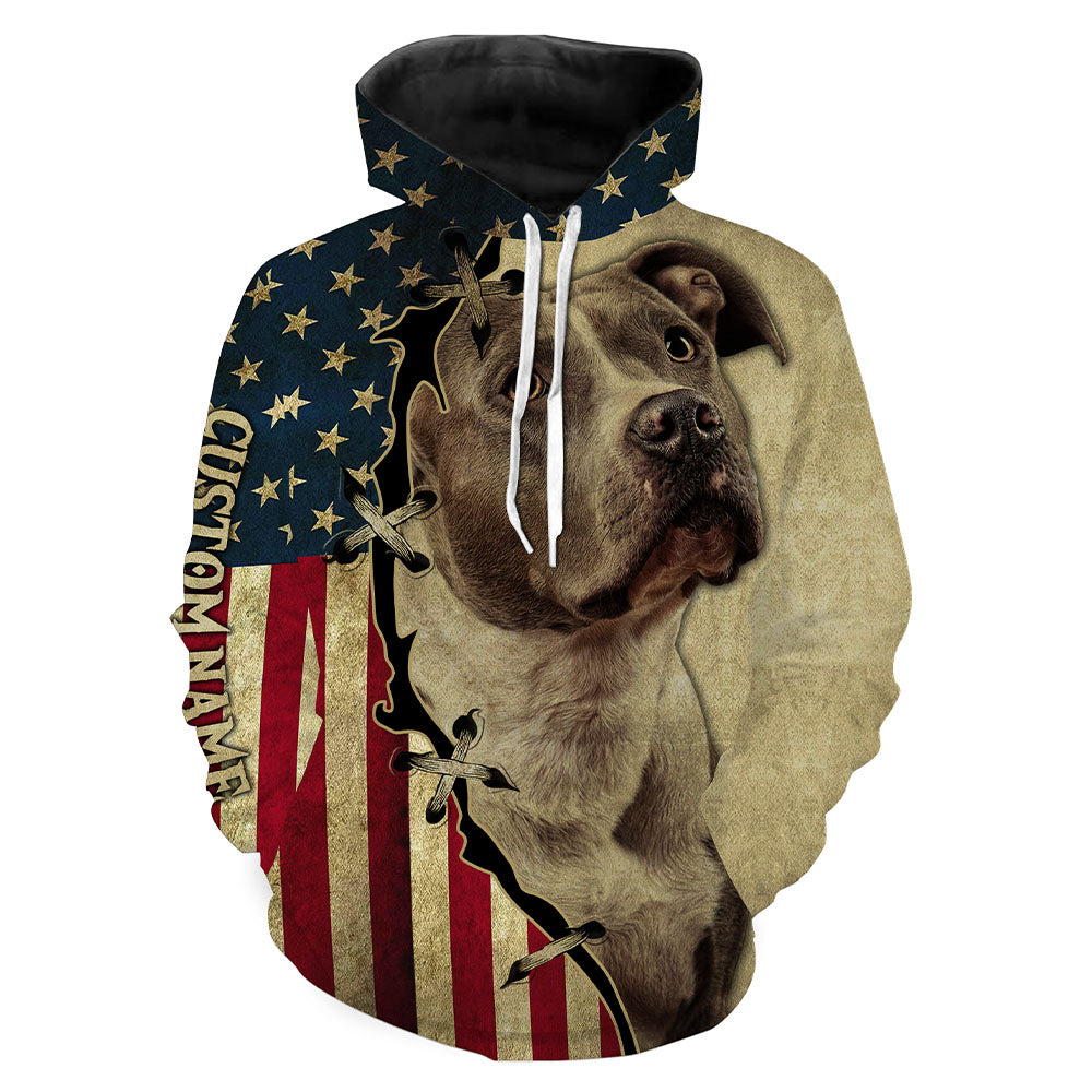 Pitbull All Over Print T-shirt Long Sleeve Hoodie| Custom USA Flag Pitbull Shirt for Dog Dad Dog Mom JTSD287