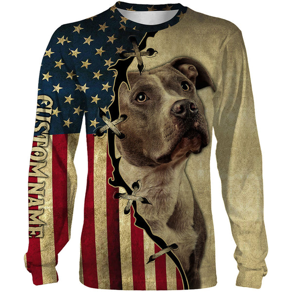 Pitbull All Over Print T-shirt Long Sleeve Hoodie| Custom USA Flag Pitbull Shirt for Dog Dad Dog Mom JTSD287