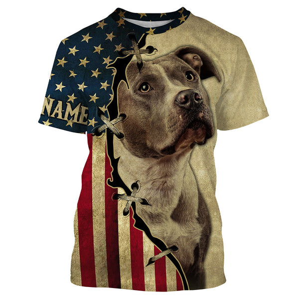 Pitbull All Over Print T-shirt Long Sleeve Hoodie| Custom USA Flag Pitbull Shirt for Dog Dad Dog Mom JTSD287