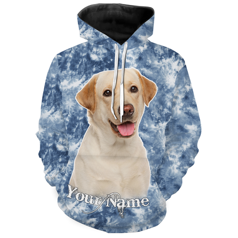 Yellow Labrador Retriever Long Sleeve Hoodie| Custom Name Blue Tie Dye Look All Over Print Shirt| JTSD306