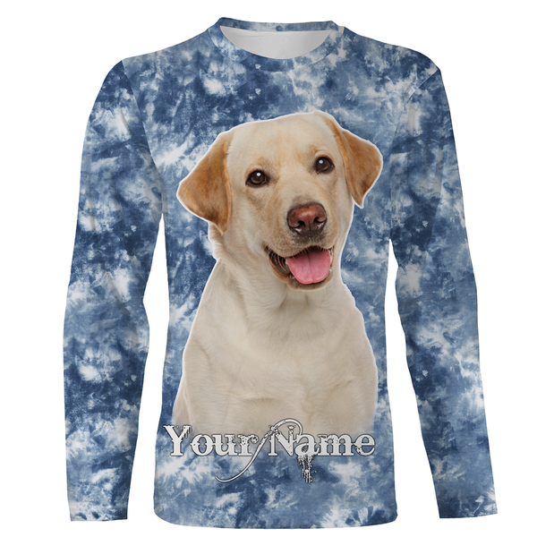 Yellow Labrador Retriever Long Sleeve Hoodie| Custom Name Blue Tie Dye Look All Over Print Shirt| JTSD306