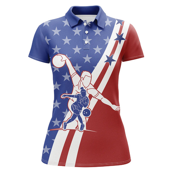 American Flag Bowling Jersey For Women Personalized Bowling Polo Shirt Patriotic Bowling Team Shirt BDT32