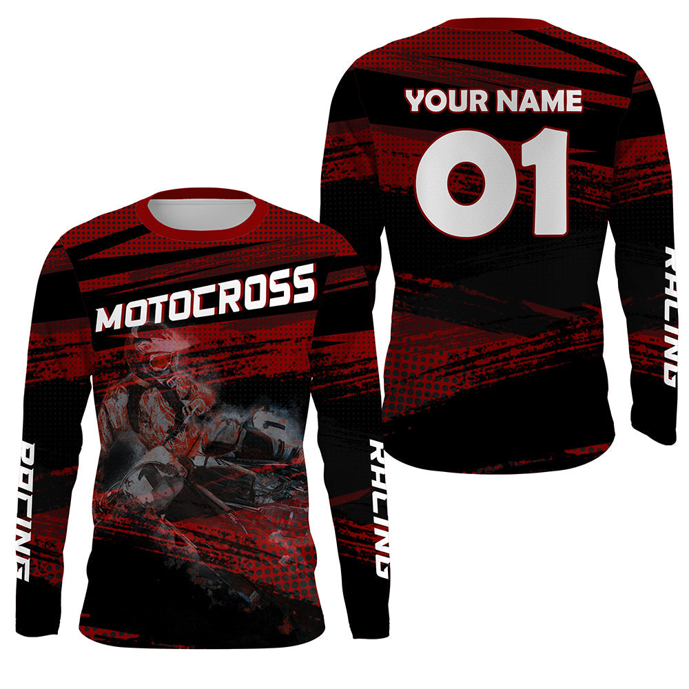 Kid Men Women Motocross Racing Jersey UPF30+ Custom Red Dirt Bike Shirt MX Long Sleeve PDT504