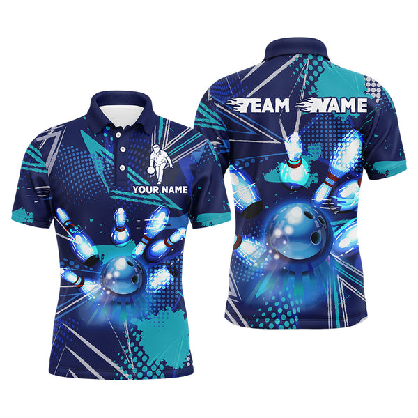 Bowling Polo Shirt for Men Custom Blue Bowling Jersey With Name 3D Bowling Team League Shirt BDT94