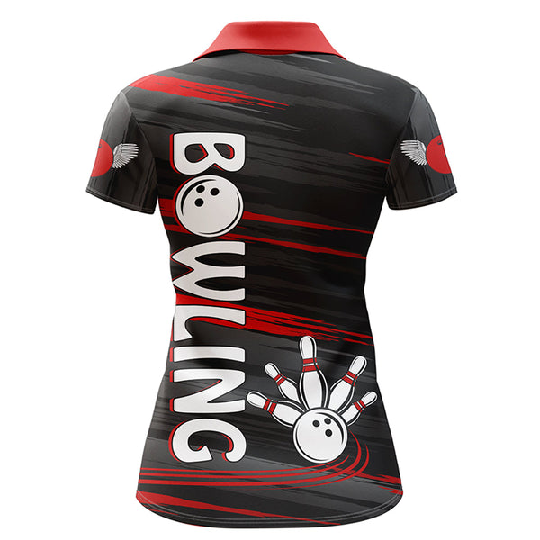 Personalized Bowling Polo Shirt For Women Red And Black Bowling Shirt For Team Custom Bowling Jersey BDT08