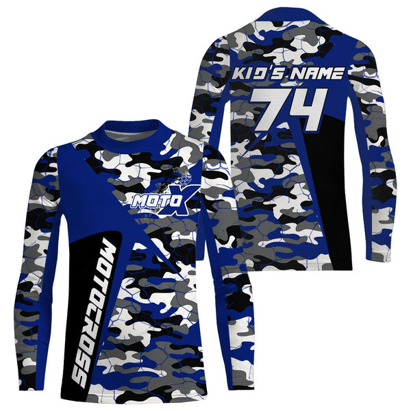 Custom Kid Men Women Dirt Bike MX Jersey UPF30+ Blue Camo Motocross Shirt Extreme MotoX Racing PDT517