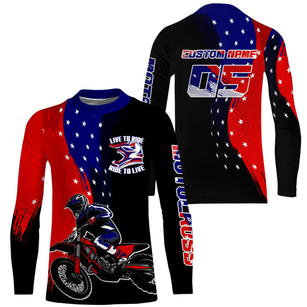 American Flag Motocross Jersey Custom UPF30+ Ride To Live Dirt Bike Shirt Men Women Kid Patriotic PDT481