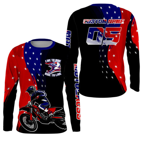 American Flag Motocross Jersey Custom UPF30+ Ride To Live Dirt Bike Shirt Men Women Kid Patriotic PDT481