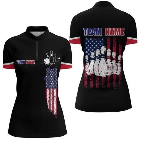 American Flag Bowling Quarter Zip Shirt Custom Bowling Jersey For Women 1/4 Zip Bowling Team Shirt BDT60